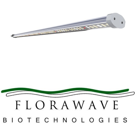 Long LED grow light bar shown above the Florawave Biotechnologies logo.