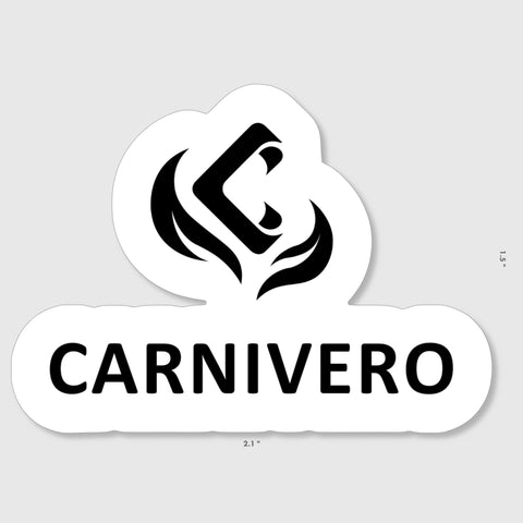 Carnivero logo sticker in white cloud shape with a black emblem and the word CARNIVERO