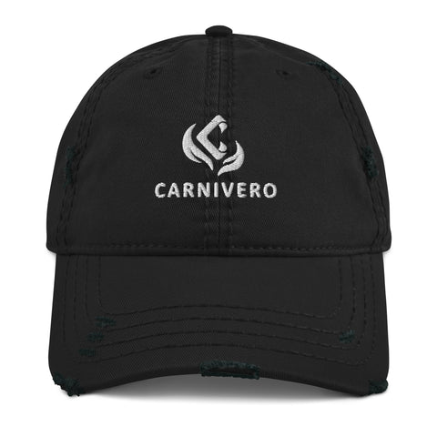 Distressed black dad hat with white CARNIVERO embroidery on front.