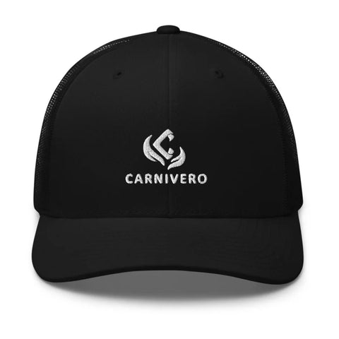 Black trucker hat with white Carnivero logo embroidered on the front
