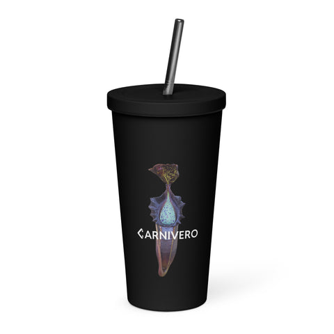 Black insulated tumbler with a stainless straw displaying a colorful Nepenthes pitcher plant print and Carnivero logo