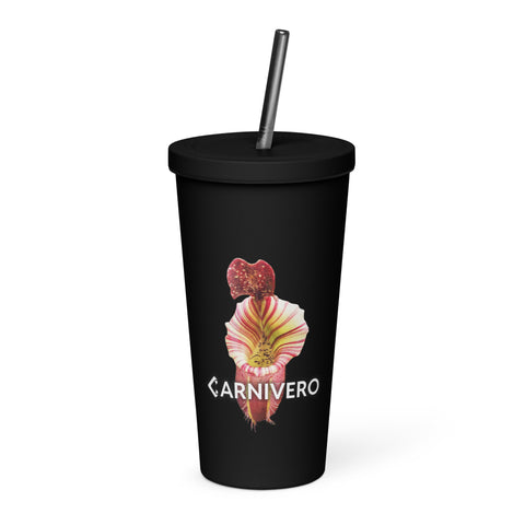 Black insulated tumbler with a stainless straw featuring a Veitchii pitcher plant print with Carnivero logo
