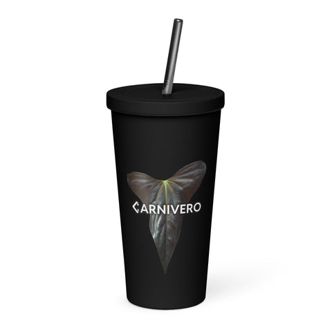 Black insulated tumbler with a stainless straw showing a dark Anthurium leaf print and Carnivero logo