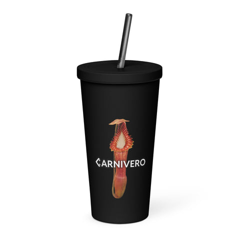 Edwardsiana insulated tumbler with straw, black with red pitcher plant graphic and Carnivero branding.