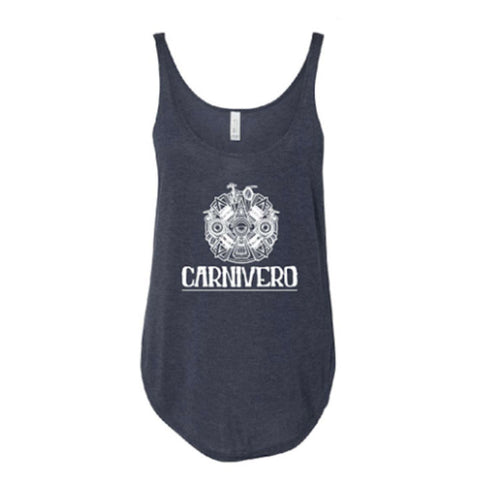 Navy blue split side tank top with white Carnivero logo graphic