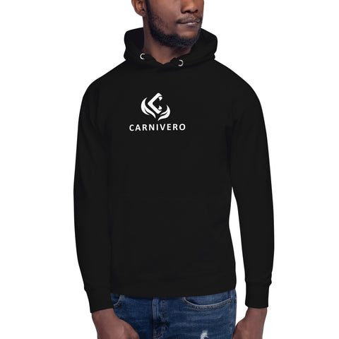 Man wearing black Carnivero logo hoodie with white emblem on chest.