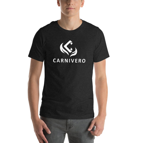 Model wearing a black Carnivero logo T-shirt with a white graphic on the chest.