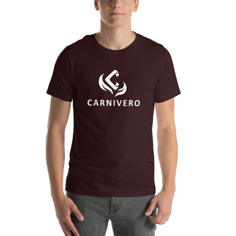 Man wearing a maroon Carnivero logo tee with a white emblem on the chest.