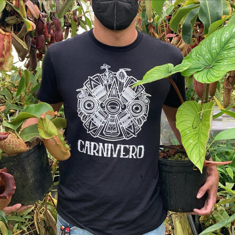 Person wearing a black Carnivero T-shirt and face mask holds two plant pots among carnivorous plants